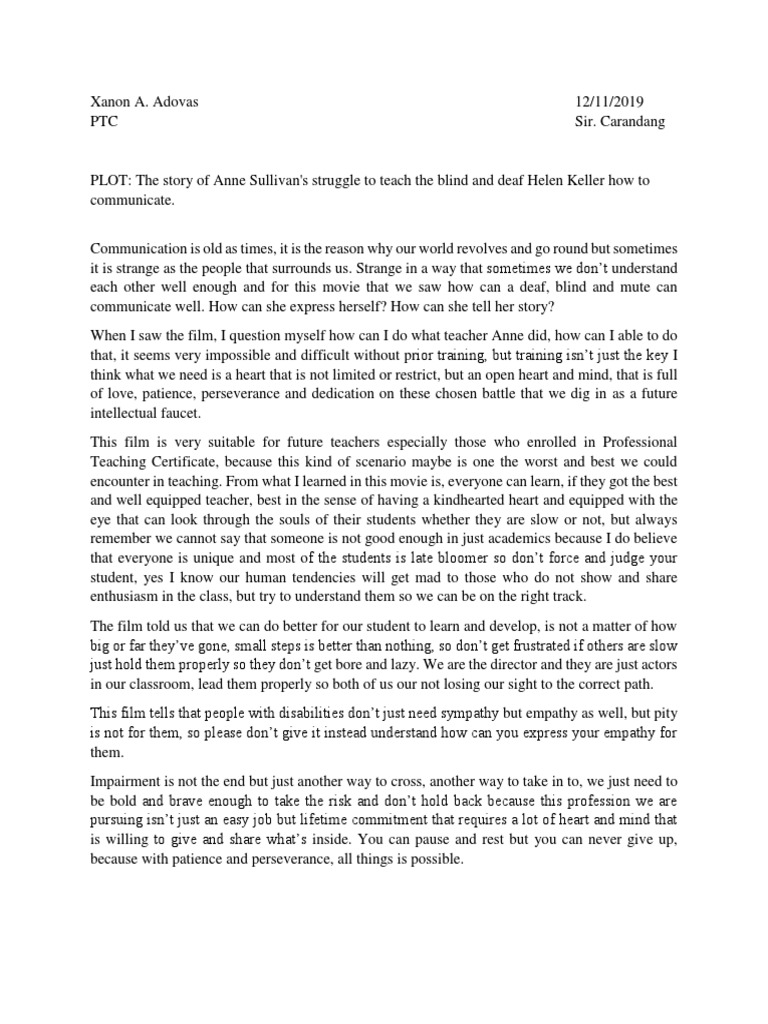Miracle Worker REaction Paper Ko | PDF | Helen Keller | Cognition