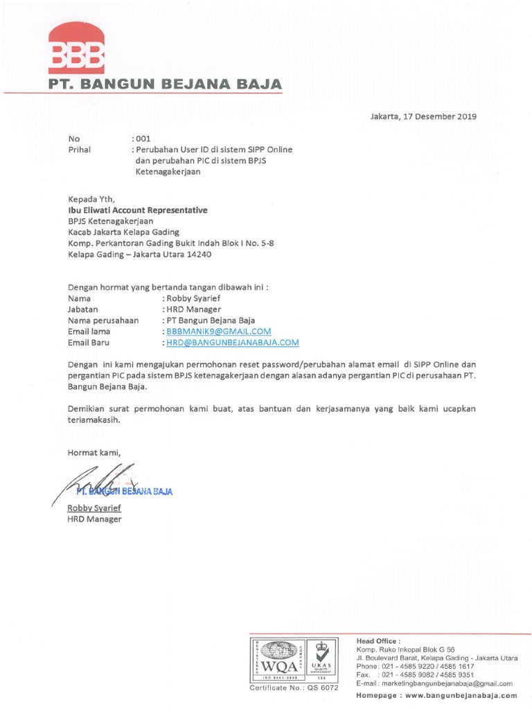 001 Surat Permohonan Pergantian User Id Dan Pic