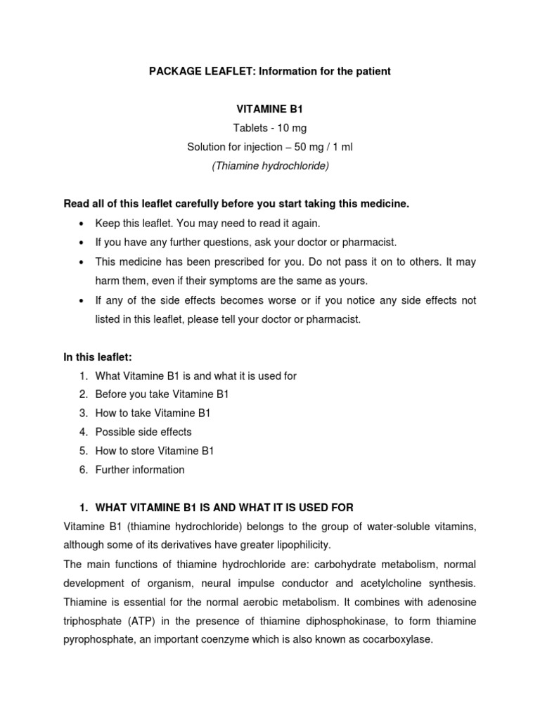 Patient Guide: Vitamin B1 Usage | PDF | Injection (Medicine) | Vitamin