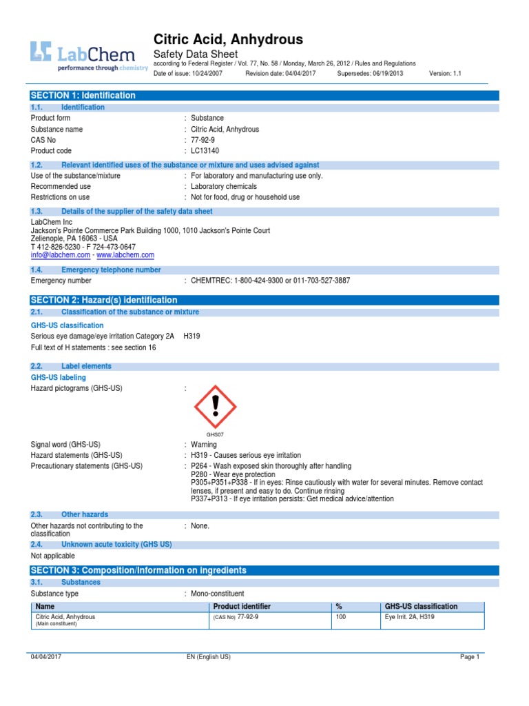 Sds citric acid pdf toxicity firefighting