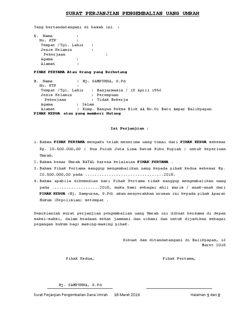 Surat Perjanjian Pengembalian Uang Umroh Docx