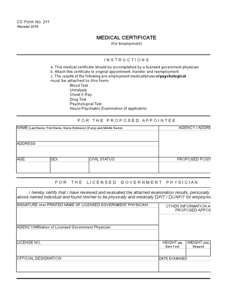 Cs form no 211 revised 2018 medical certificate clinical medicine