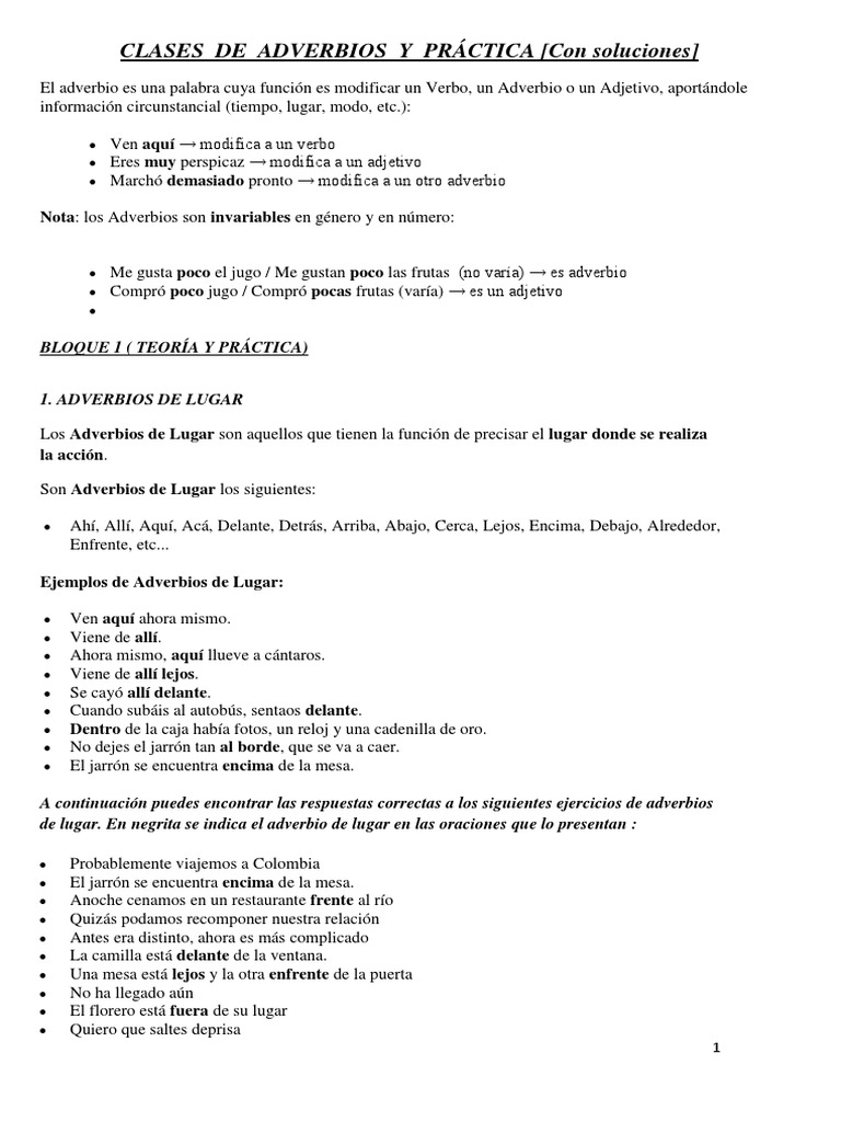 Clases y Ejercicios de Adverbios | PDF | Adverbio | Unidades Semánticas
