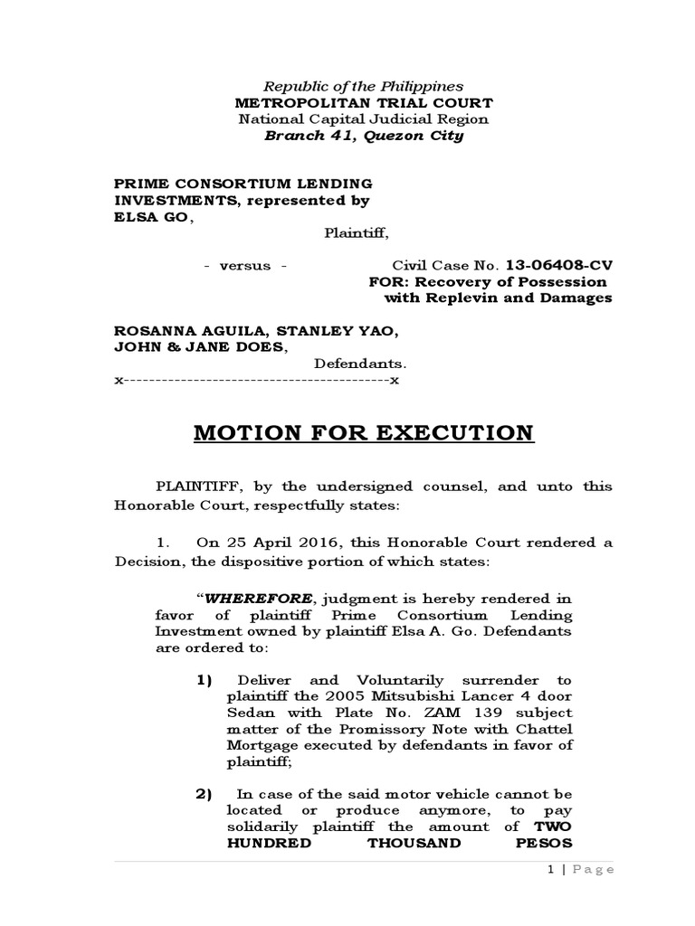 1 Motion Execution Aguila 1 | PDF | Judgment (Law) | Legal Procedure