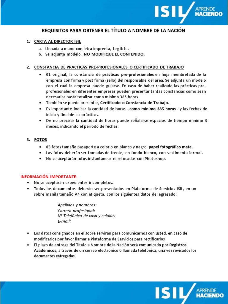 Requisitos Titulo Nombre De La Nacion 2018 Tecnologia Isil Ingenieria Evaluacion