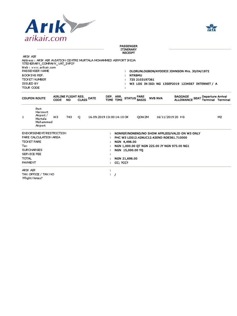 Passenger Itinerary Receipt for Domestic Flight from Port Harcourt to Lagos on Arik Air PDF