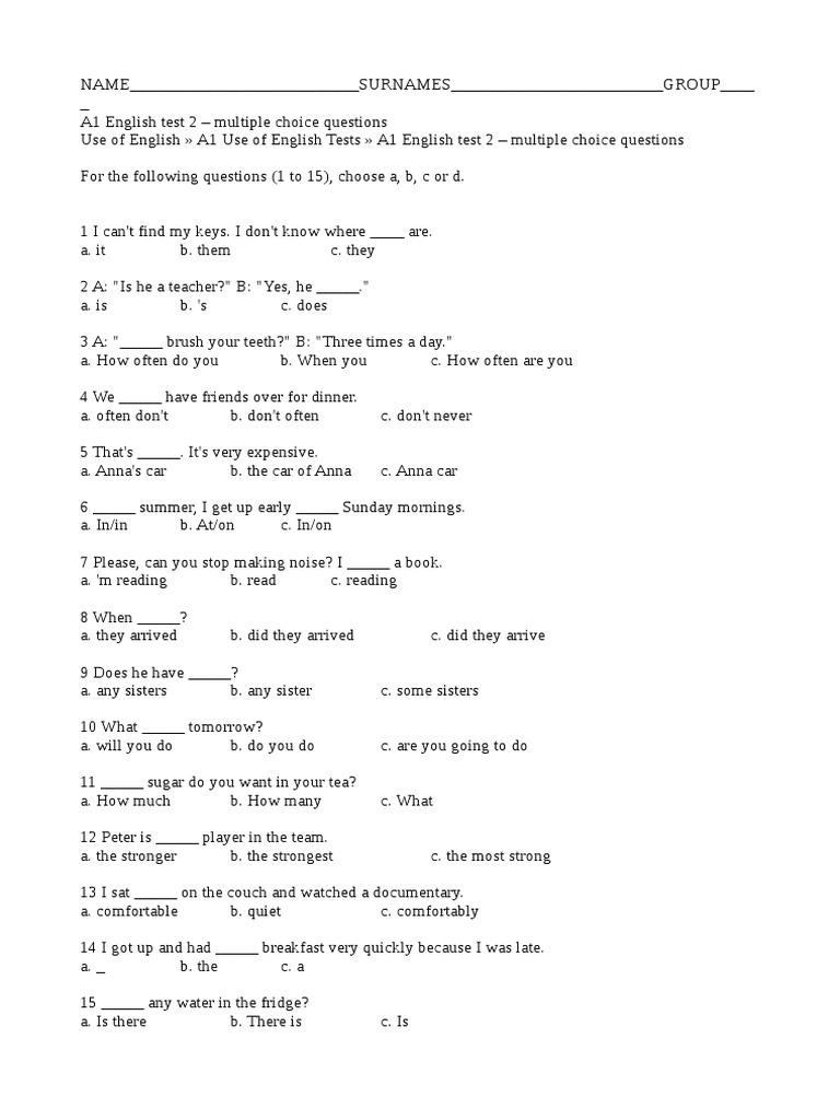 A1 English Test: Multiple Choice Questions | PDF | Language Arts ...