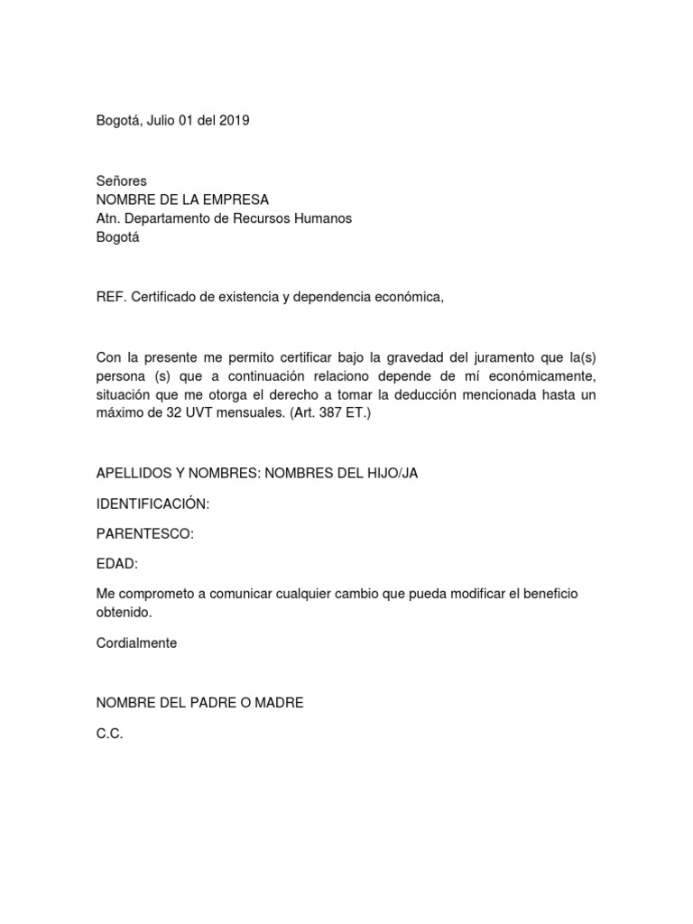 Carta de Certificación de Dependencia Económica | PDF