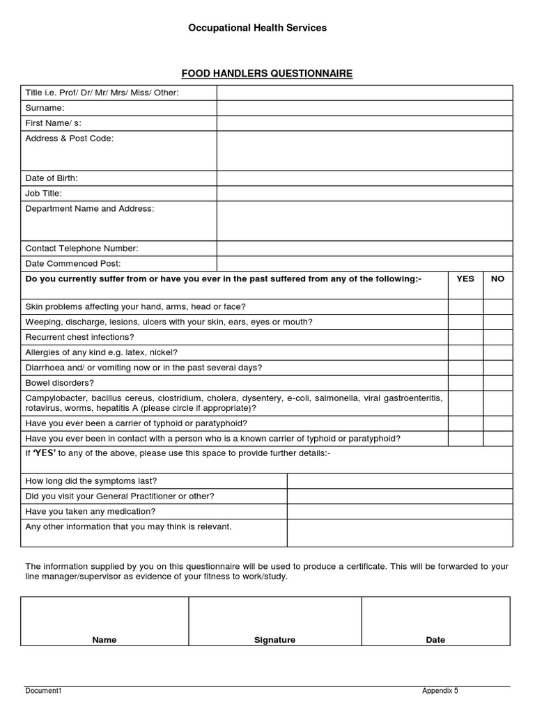 Food Handlers Questionnaire July 2014 PDF