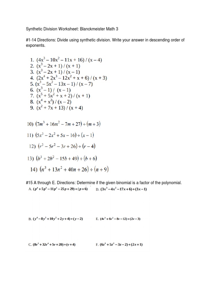 Synthetic Division Worksheet Blanckmeister Math 22  PDF Intended For Synthetic Division Worksheet With Answers