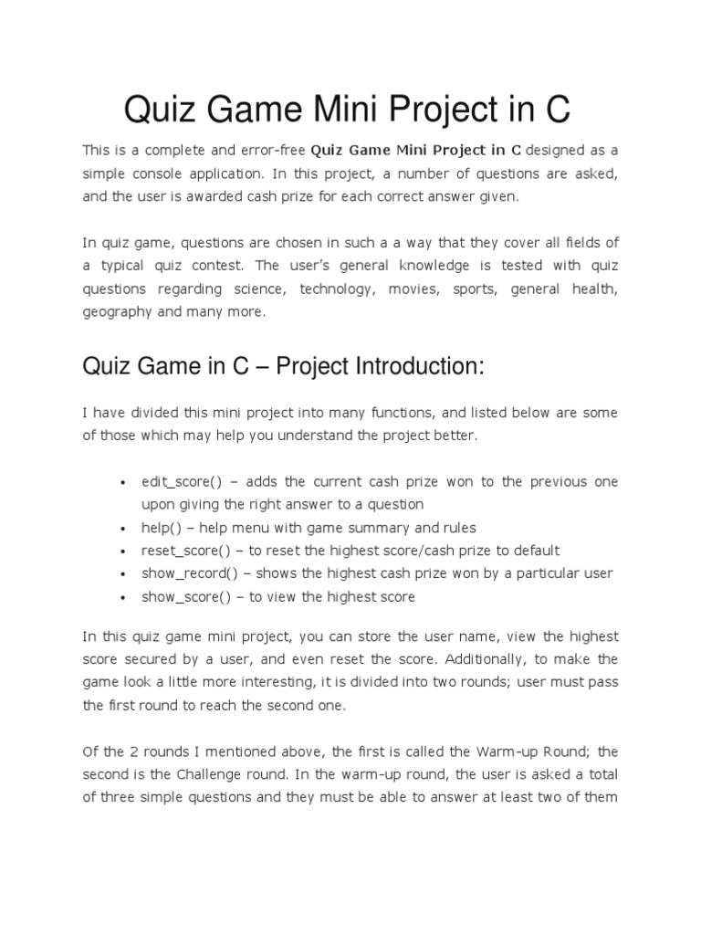 C Quiz Game Mini Project Guide | PDF | Nature | Teaching Mathematics