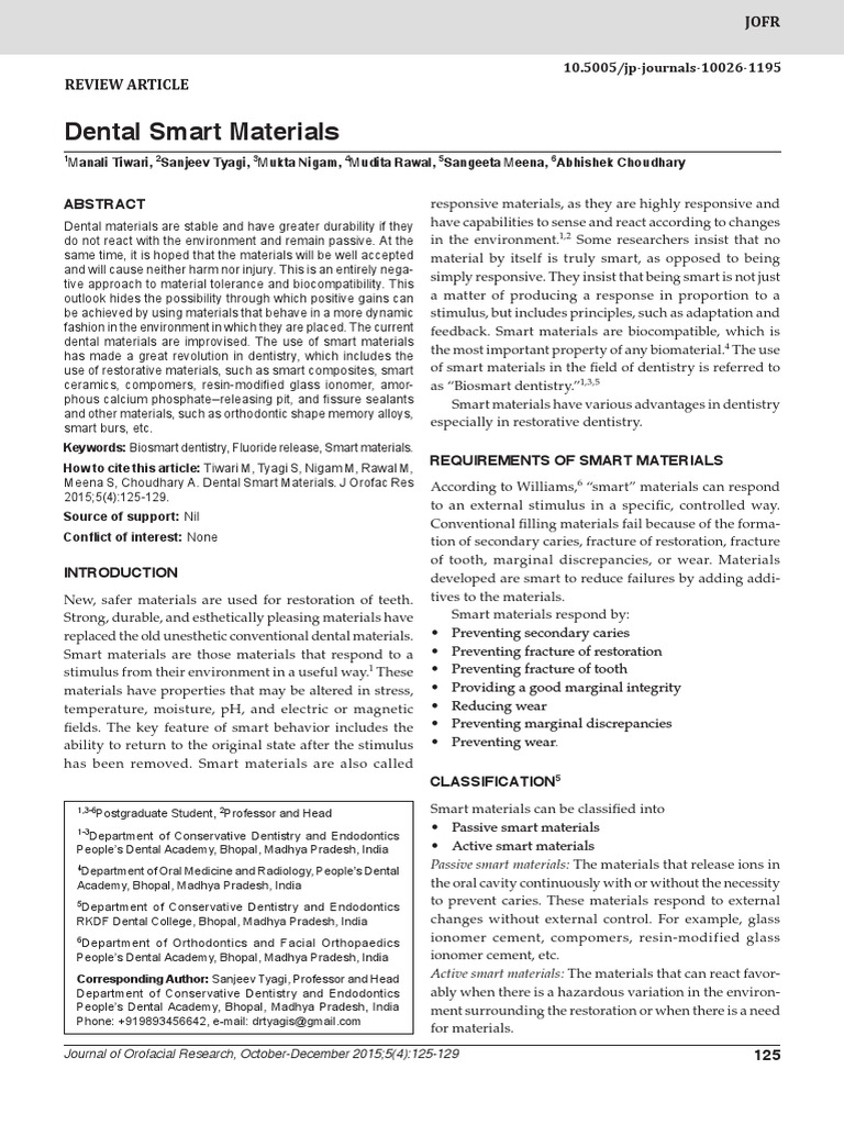Dental Smart Materials | PDF | Zirconium Dioxide | Shape Memory Alloy