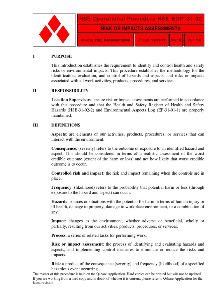 HSE Risk and Impact Assessment Procedure | PDF | Hazards | Risk