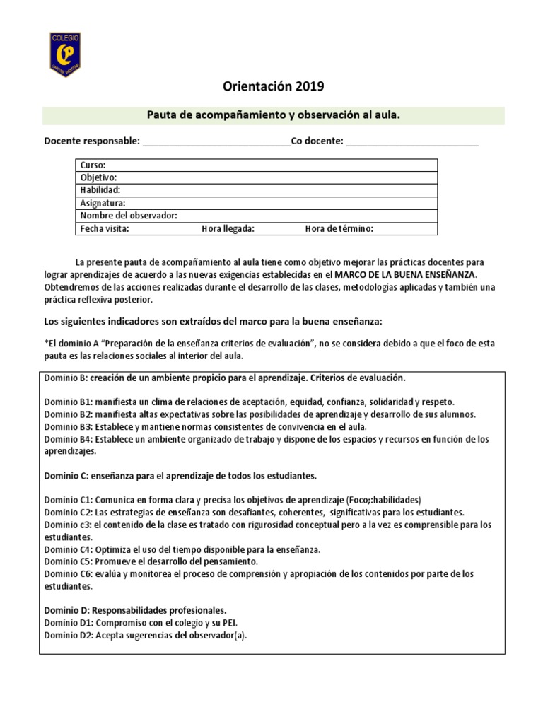 Pauta de Observación Docente 2019 | PDF | Salón de clases | Maestros