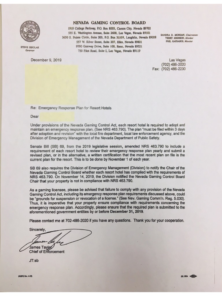 Gaming Control Board 2019 Letter Sent To A Nevada Casino Out of