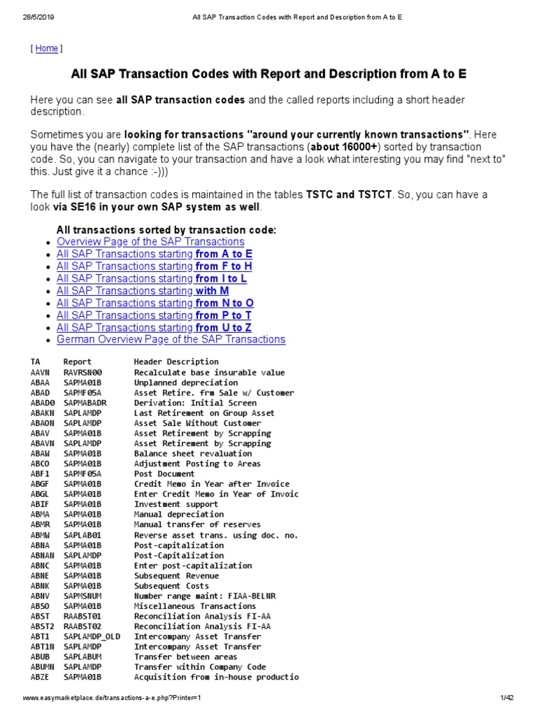 All SAP Transaction Codes With Report and Description From A To E | PDF ...