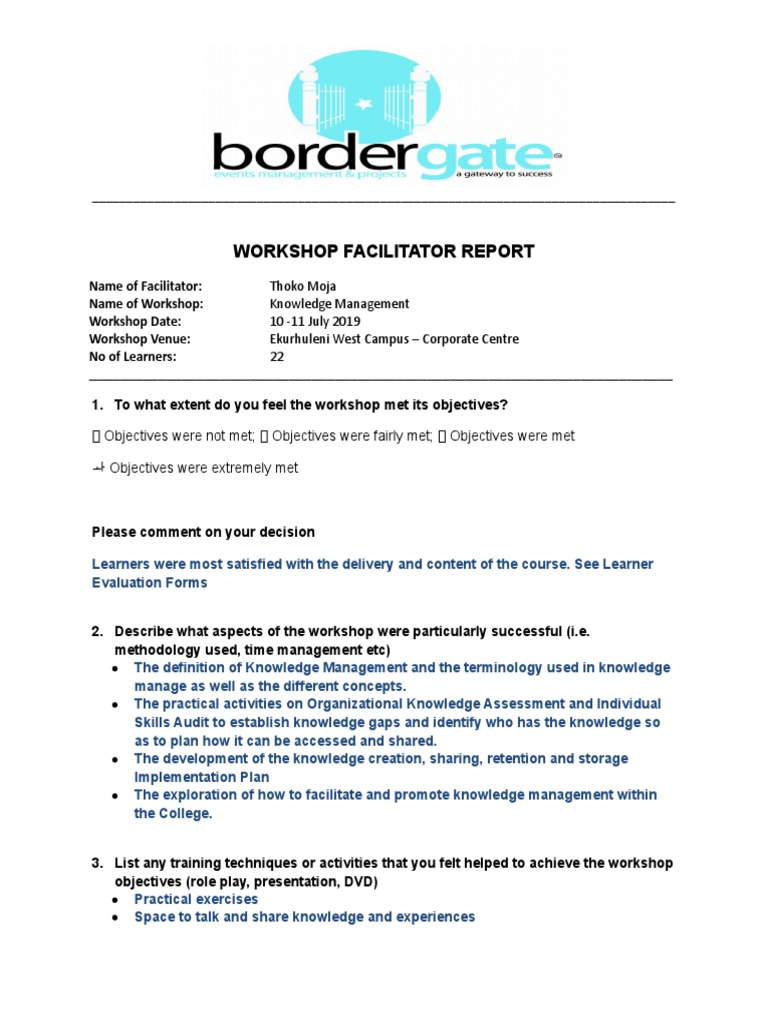 Knowledge Management Workshop Report | PDF | Facilitator | Knowledge ...