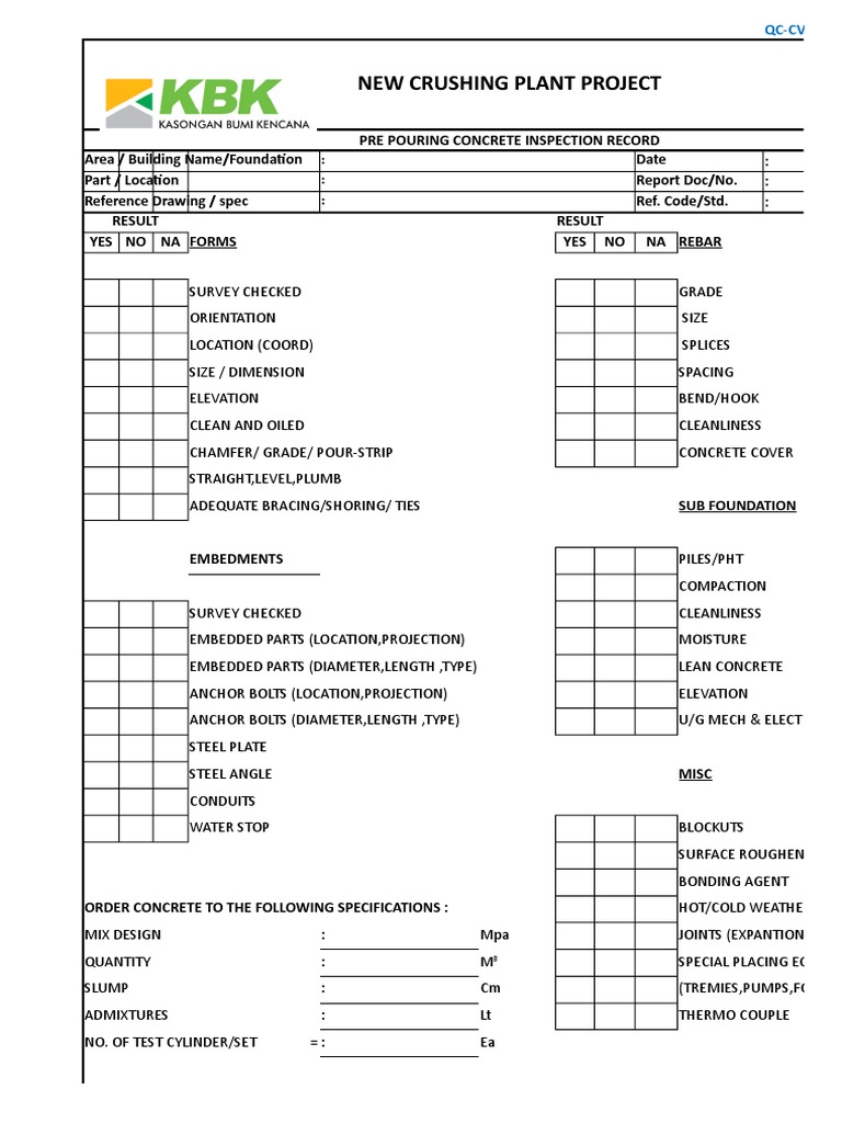 Site Inspection Form Concrete Concrete Building Materials
