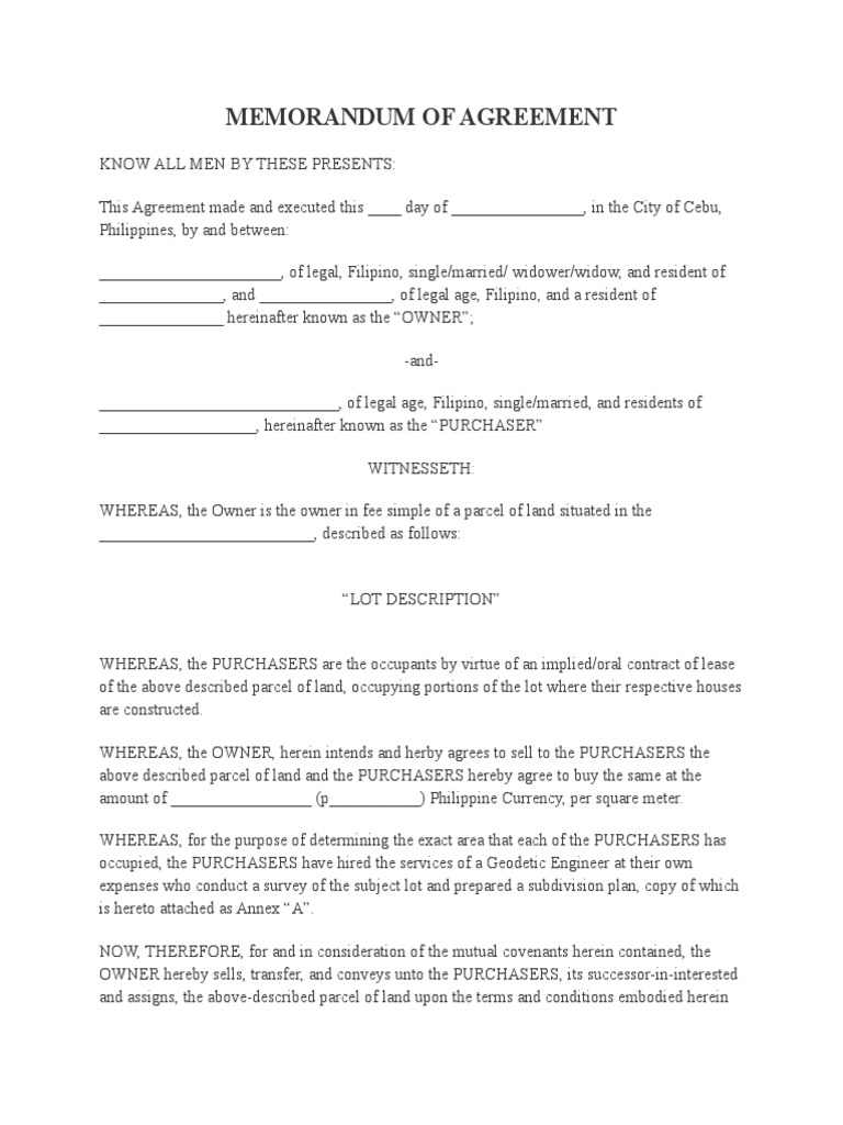 Memorandum of Agreement PDF Covenant (Law) Deed