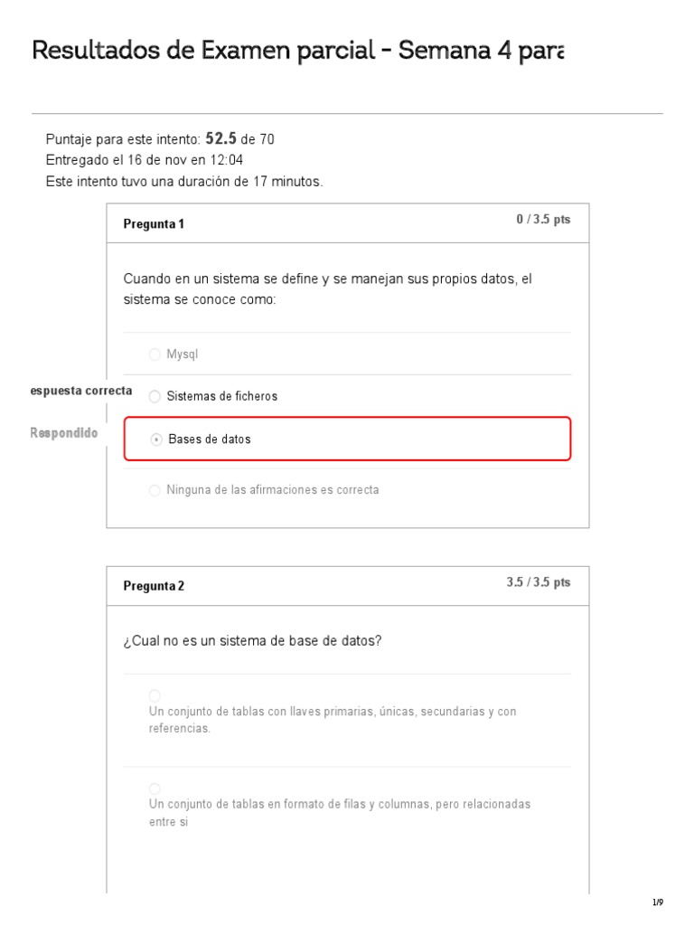 Parcial Semana 4 2 Intento | PDF | Gestión de datos | Bases de datos