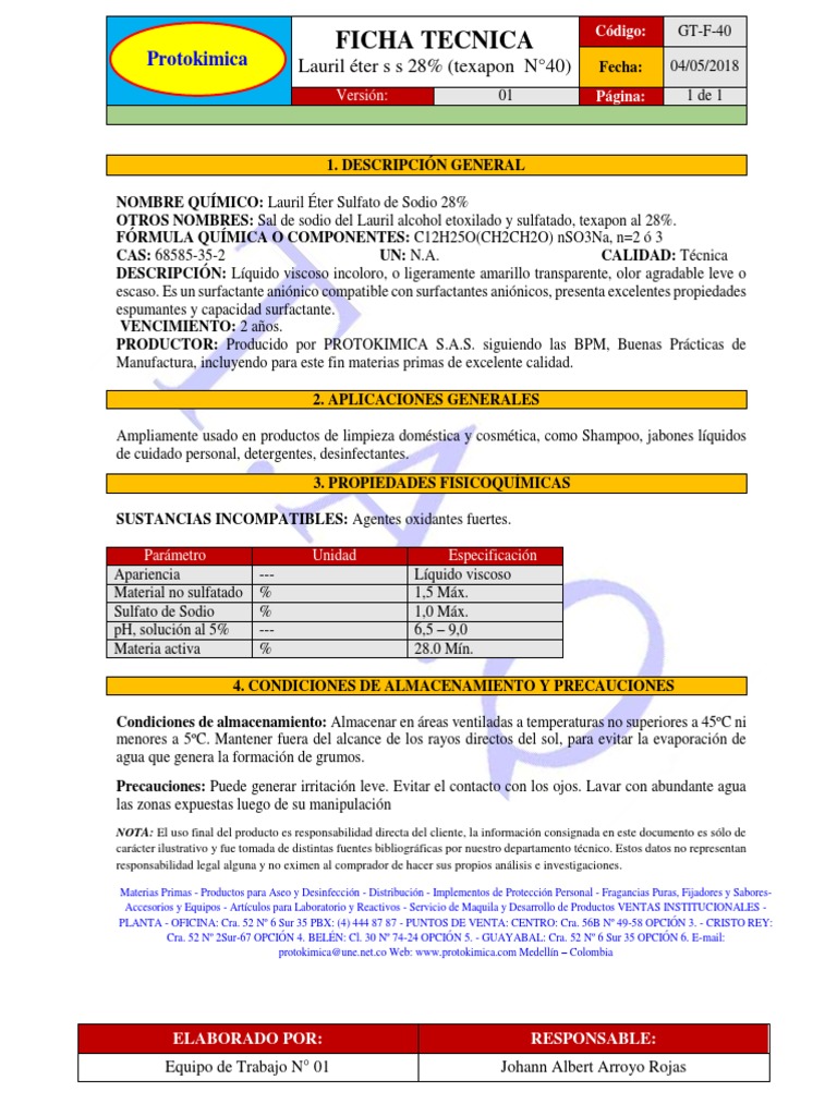Ficha Técnica de Texapon N°40 | PDF | Tensioactivo | Agua