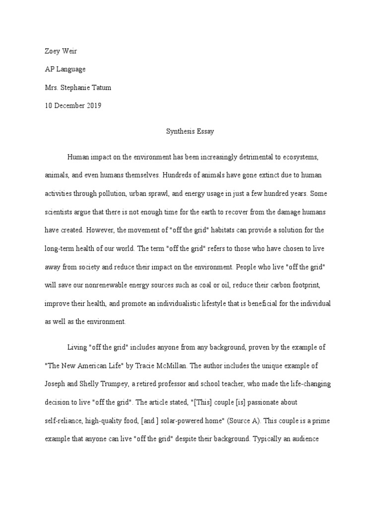 Synthesis Essay  PDF  Off The Grid  Electrical Grid
