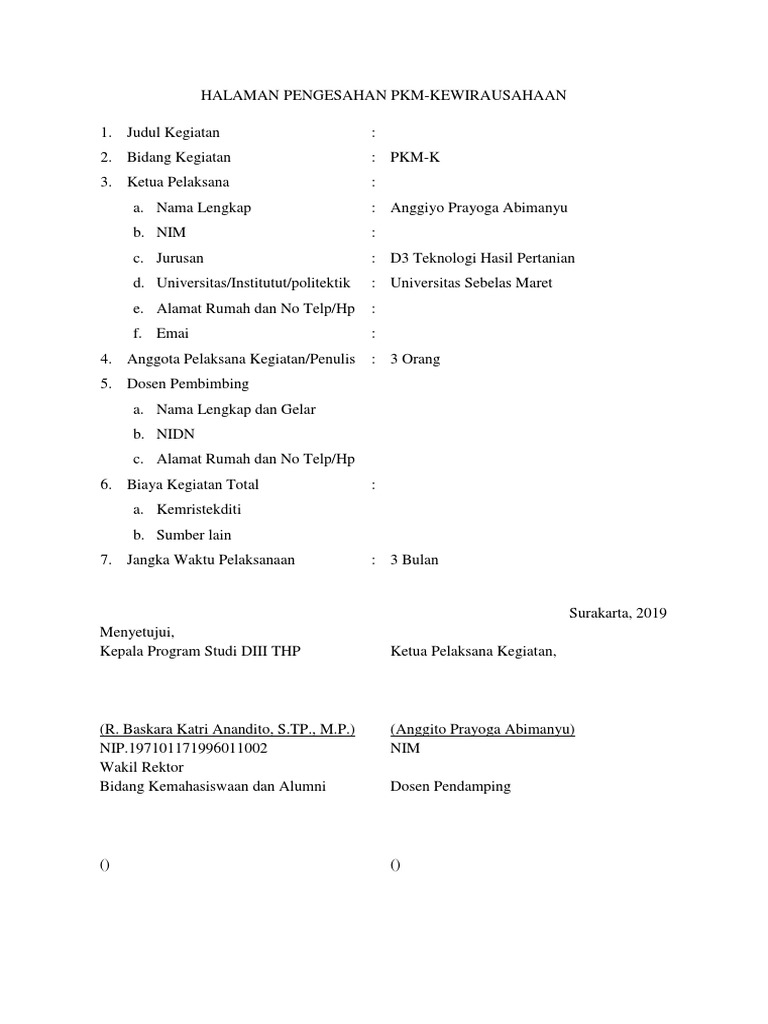 Lembar Pengesahan PKM Kewirausahaan | PDF