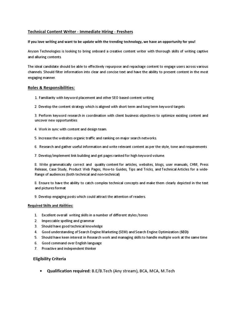 Hiring Technical Content Writer Now | PDF