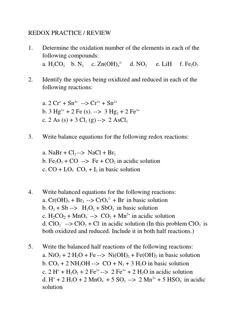 Redox Reactions Practice and Review | PDF | Redox | Chemical Elements