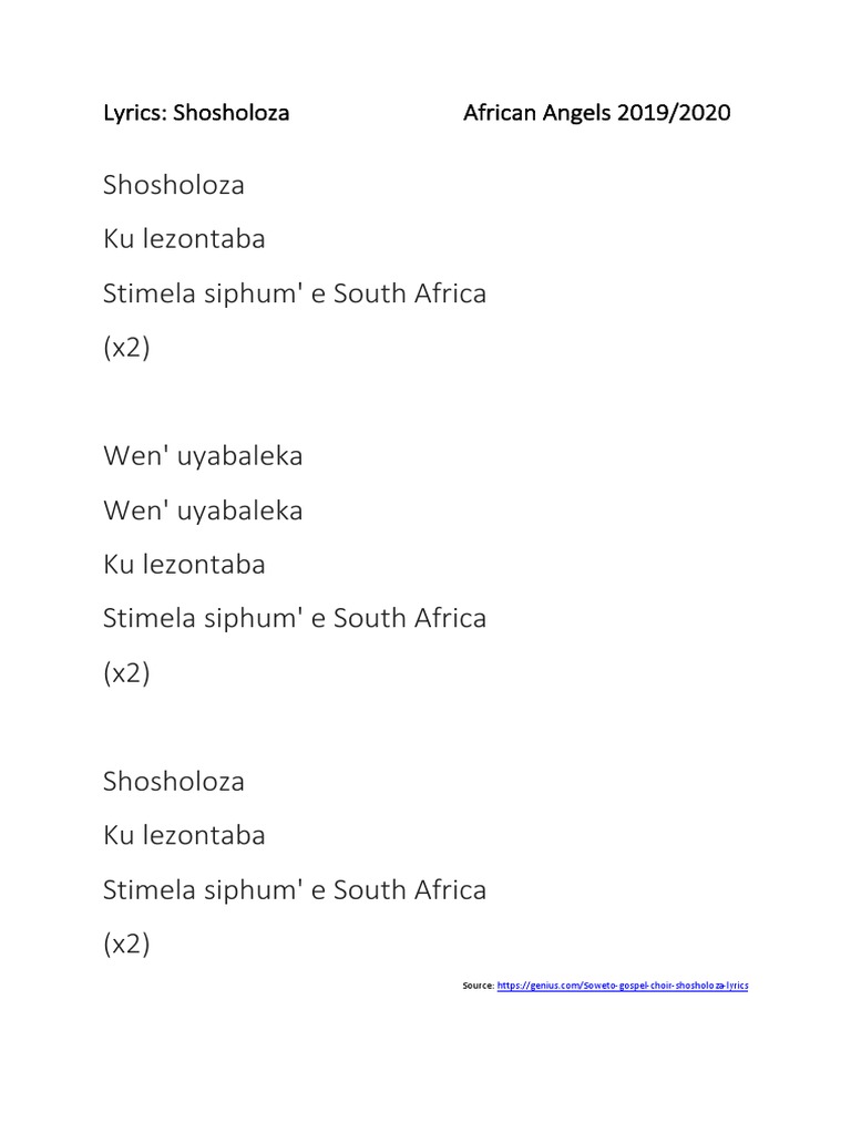.Shosholoza Lyrics | PDF