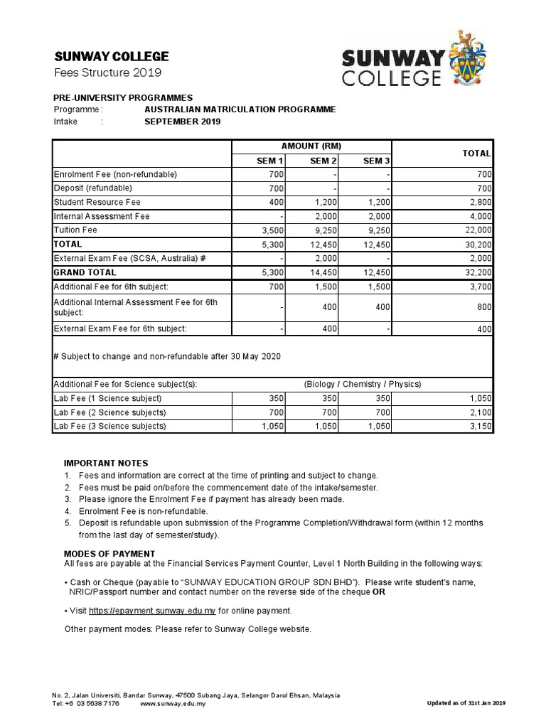 Sunway College AUSMAT Fees 2019 | PDF | Payments | Services (Economics)