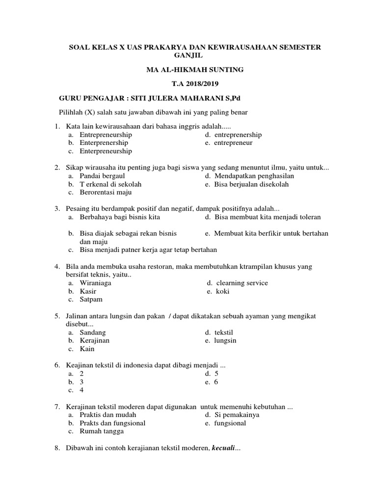 Soal Prakarya Dan Kewirausahaan Siti Julera Maharani S Pd