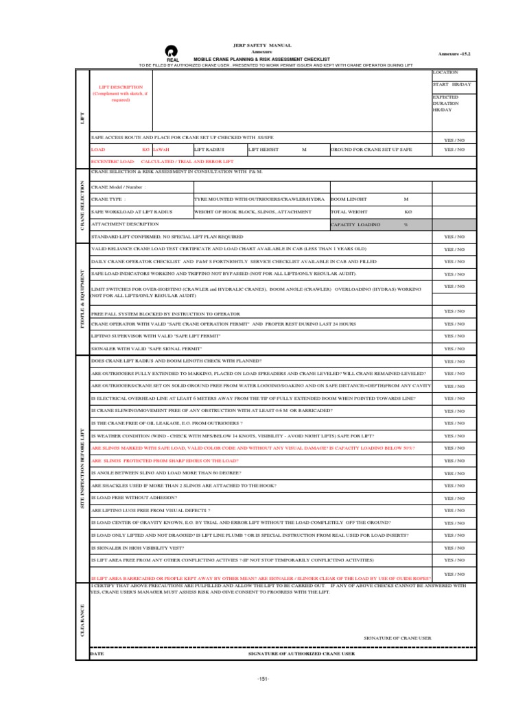 Crane CHK List RA Form PDF | PDF | Crane (Machine) | Elevator
