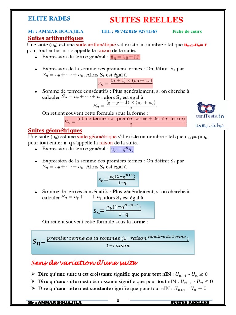 Exercices Corrigés Suites Arithmétiques Géométriques Pdf Bac Pro Cours - 3eme Annee Secondaire-Maths-Suites Reelles | PDF | Séquence | Somme  (arithmétique)
