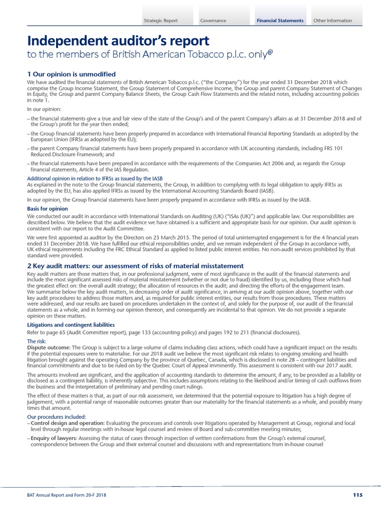 BAT 2018 Financial Statements Audit Report | PDF | Going Concern