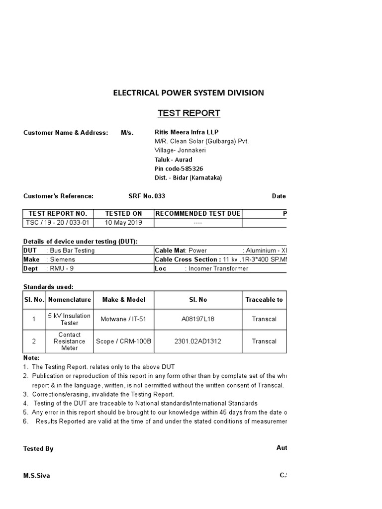 Busbar Testing Report Summary | PDF | Physical Quantities | Electricity