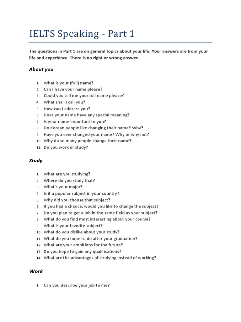 IELTS Speaking Part 1 Questions Guide | PDF | Hobbies | Leisure