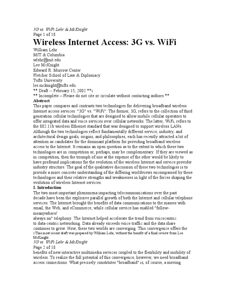 Wireless Internet Access: 3G vs. Wifi | PDF | Wireless Lan | Wi Fi