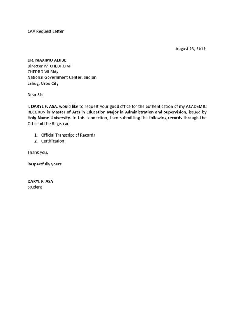 CAV Request Letter | PDF