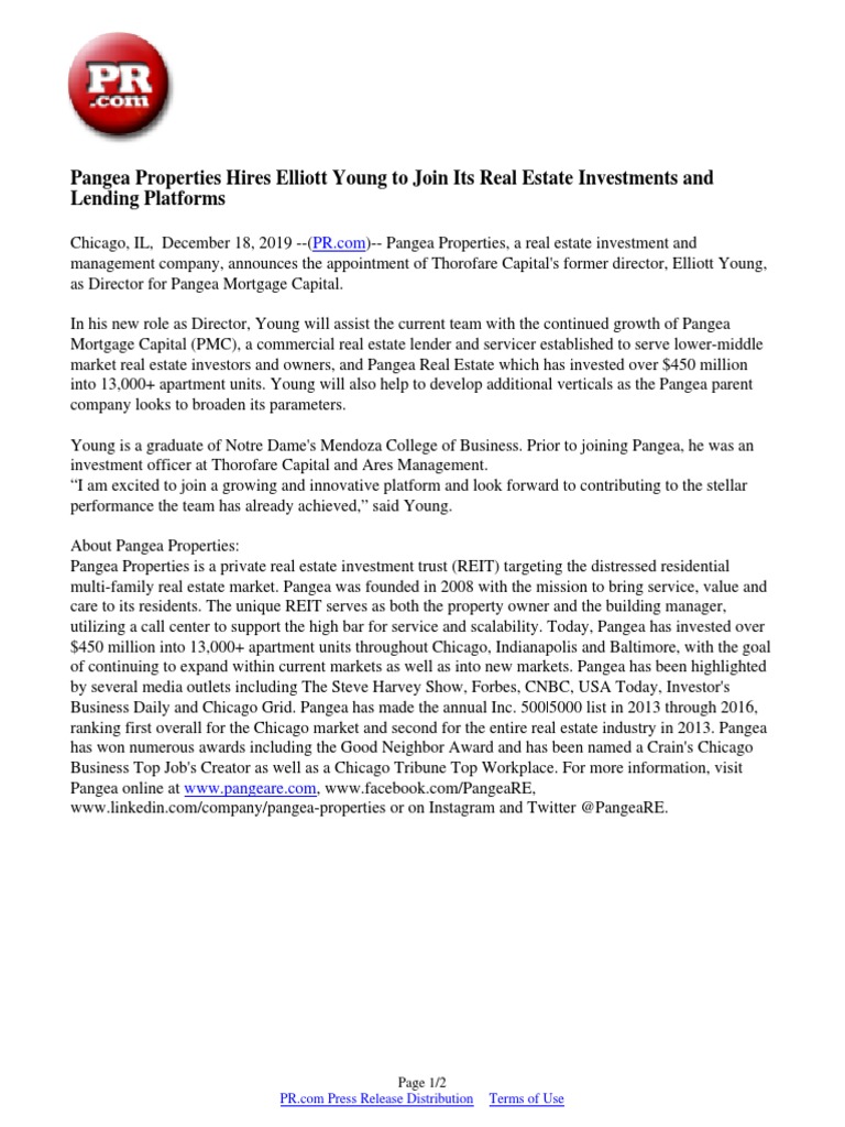 Pangea Properties Hires Elliott Young To Join Its Real Estate Investments  and Lending Platforms | PDF | Real Estate Investing | Real Estate Investment  Trust