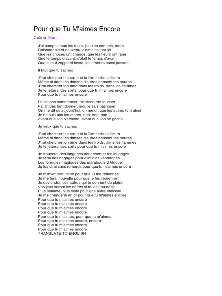 Celine Dion J ai Compris Tous Les Mots Parole Pour Que Tu M'aimes Encore | PDF