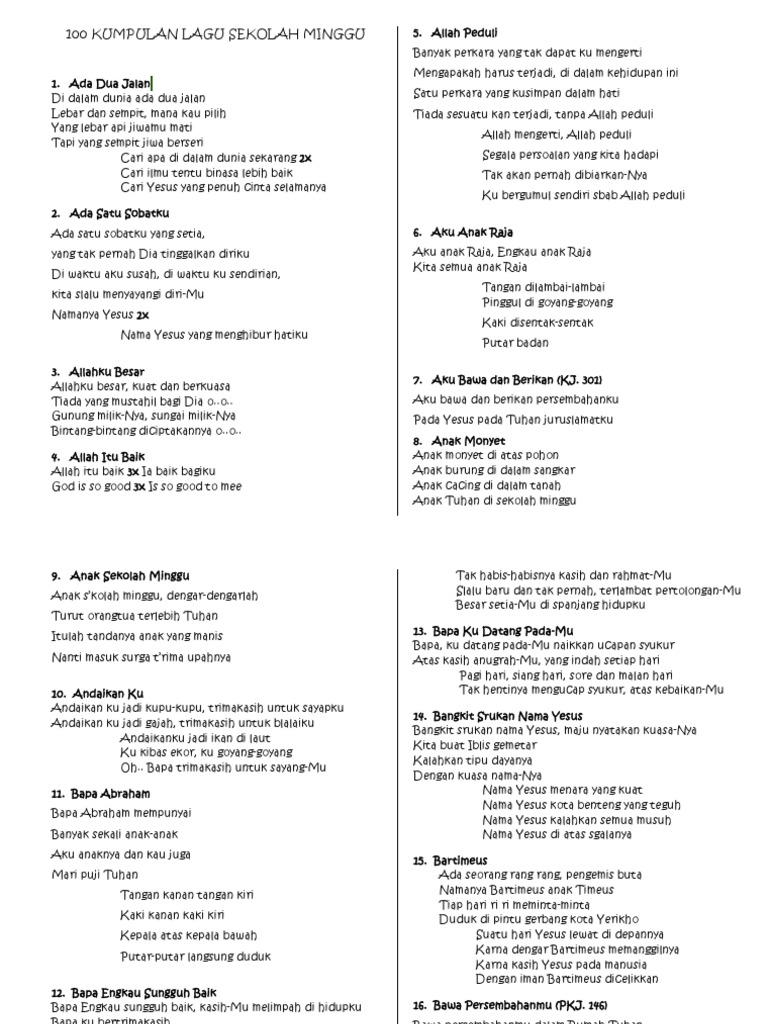100 Kumpulan Lagu Sekolah Minggu