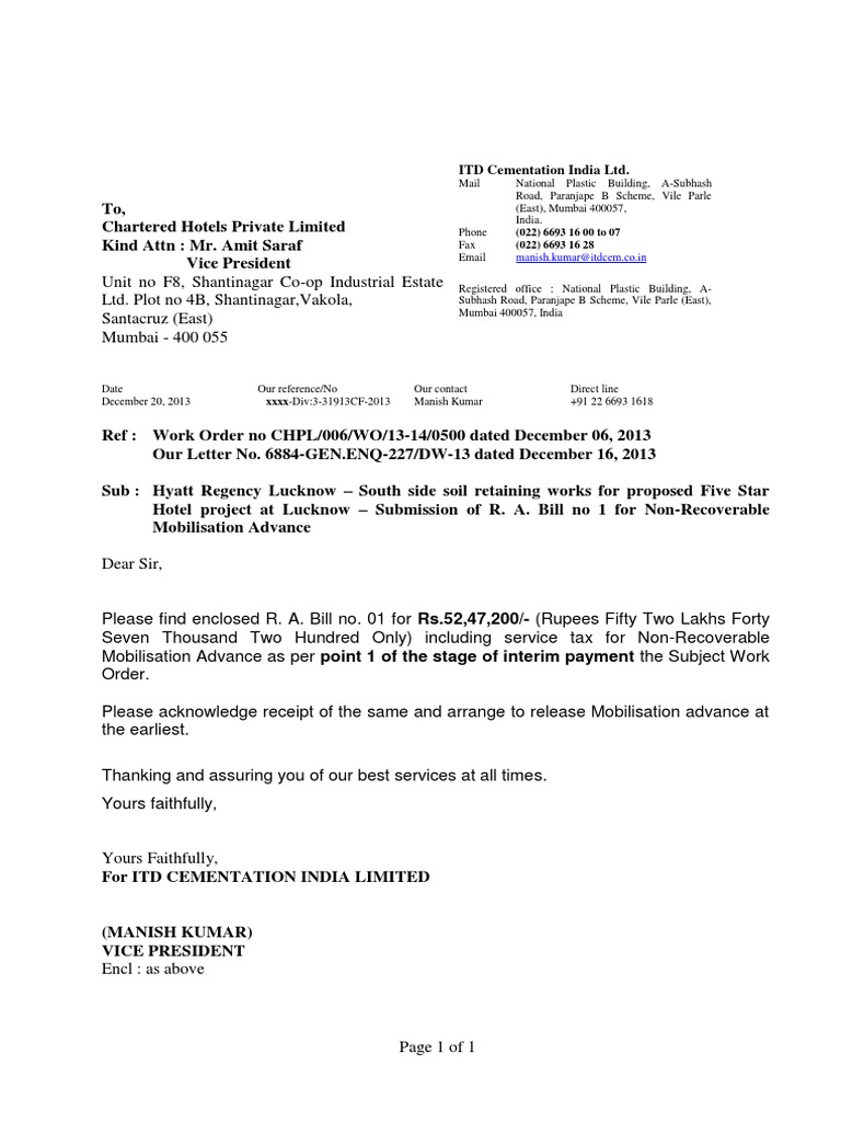 Submission of RA Bill No 1 CHPL Lucknow PDF