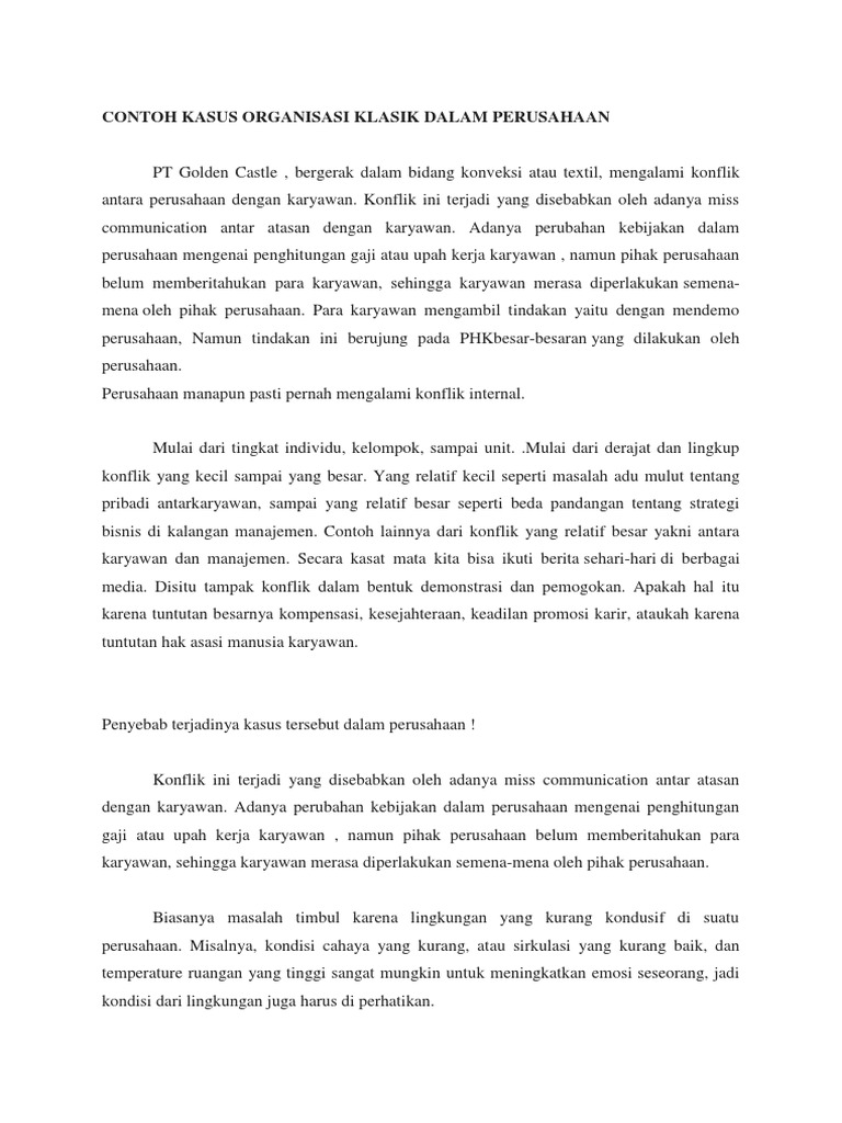Contoh Kasus Teori Organisasi Klasik Dalam Perusahaan