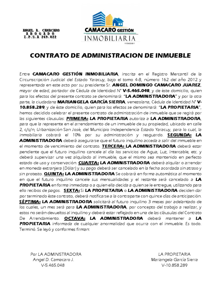 Contrato De Administración De Inmuebles Gobierno