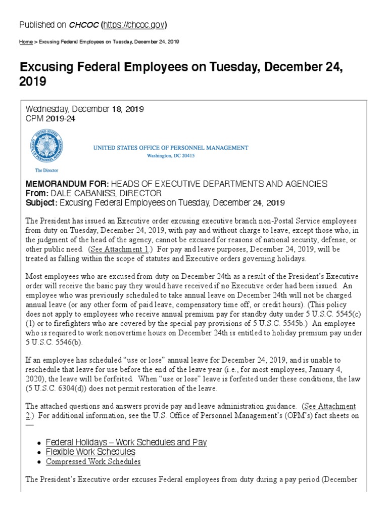 OPM Memo Re Christmas Eve Holiday PDF Overtime Government