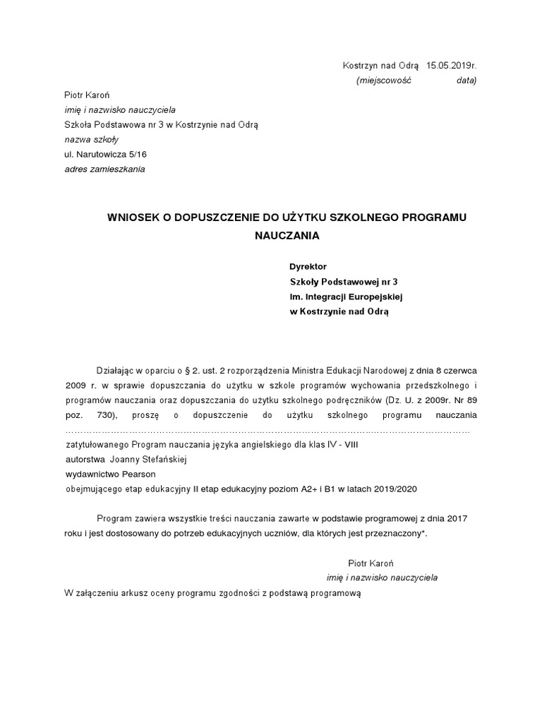 Wniosek O Dopuszczenie Programu Wychowania Przedszkolnego 2017