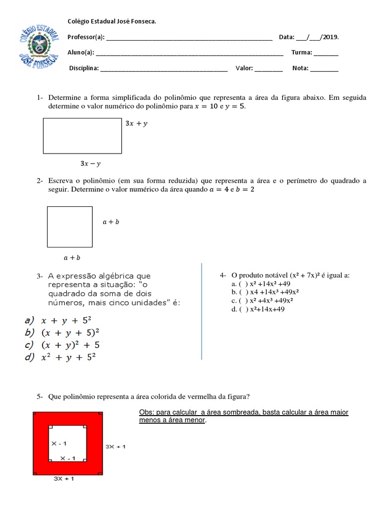 Exercícios de Área e Perímetro com Polinômios | PDF