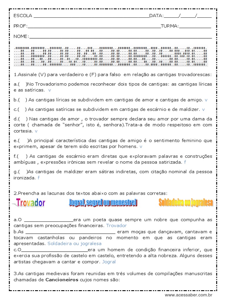 Trovadorismo Atividade | PDF