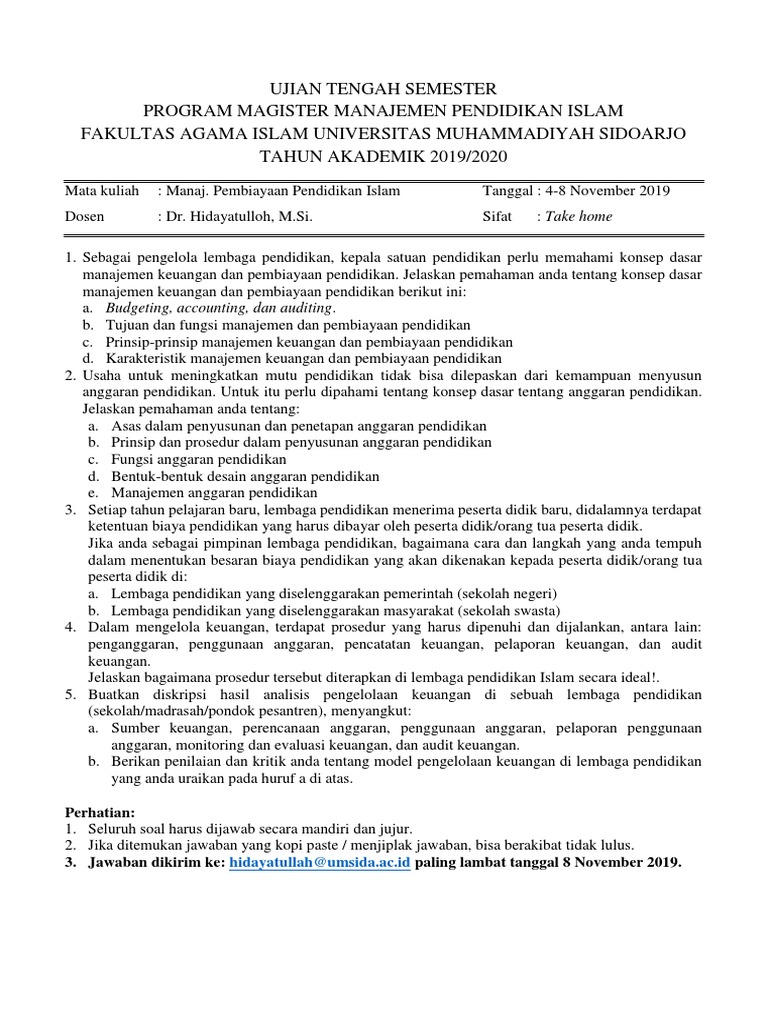 Soal Uts Manajemen Pembiayaan Pendidikan 2019 Docx
